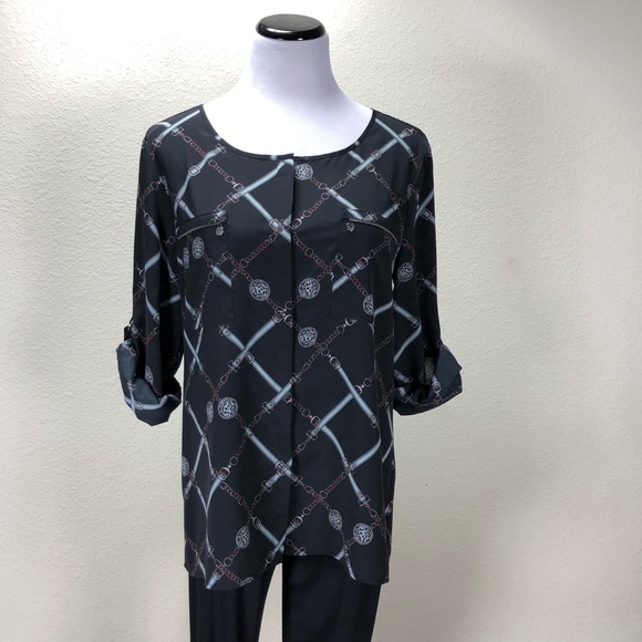 Anne Klein Black & Gray Print Button Down Top - Picture 5 of 6